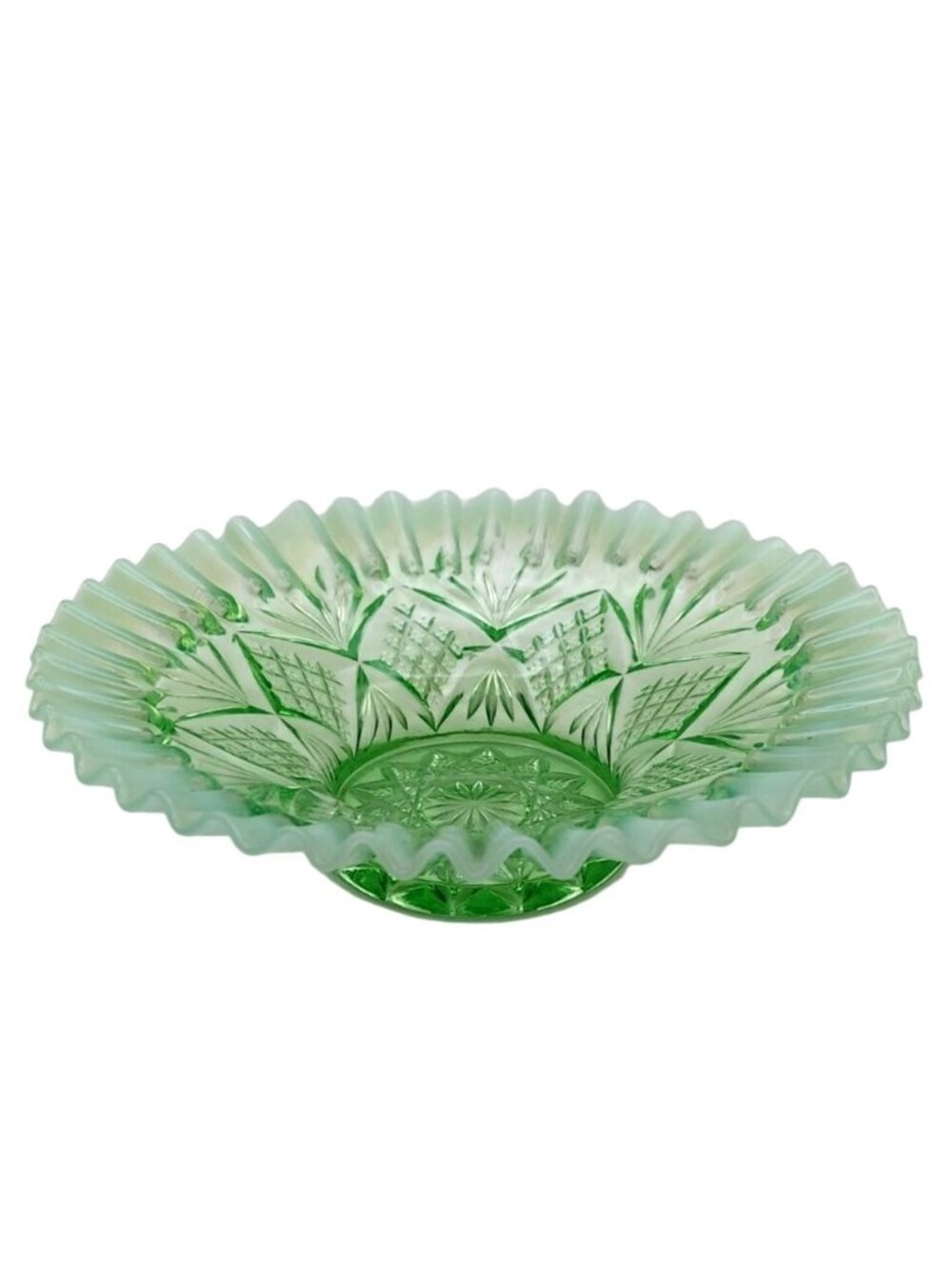Dugan Glass Ruffled Bowl Diamond Compass Uranium Green Antique EAPG 1906 Glows